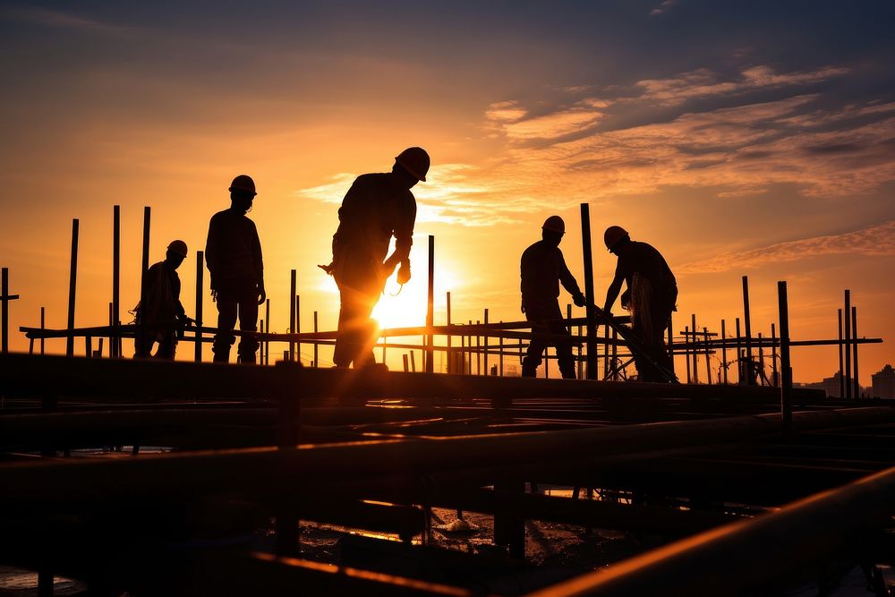 Construction workers silhouette outdoors sunset. AI generated Image by rawpixel.