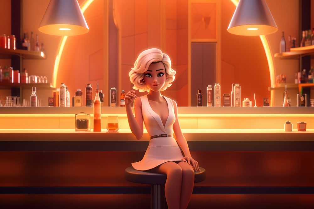 Bartender girl cartoon bottle table. AI generated Image by rawpixel.