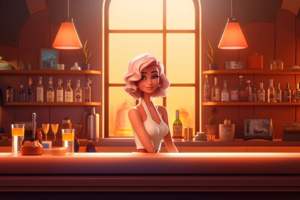 Bartender girl cartoon table architecture. AI generated Image by rawpixel.