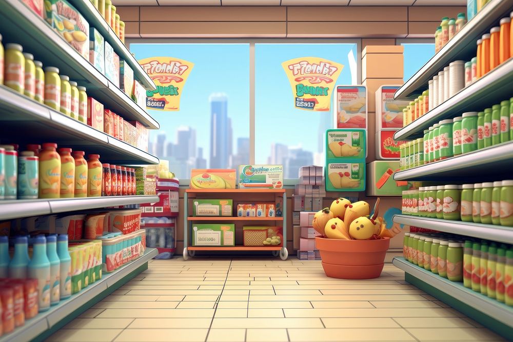 Supermarket shelves cartoon food architecture. AI generated Image by rawpixel.