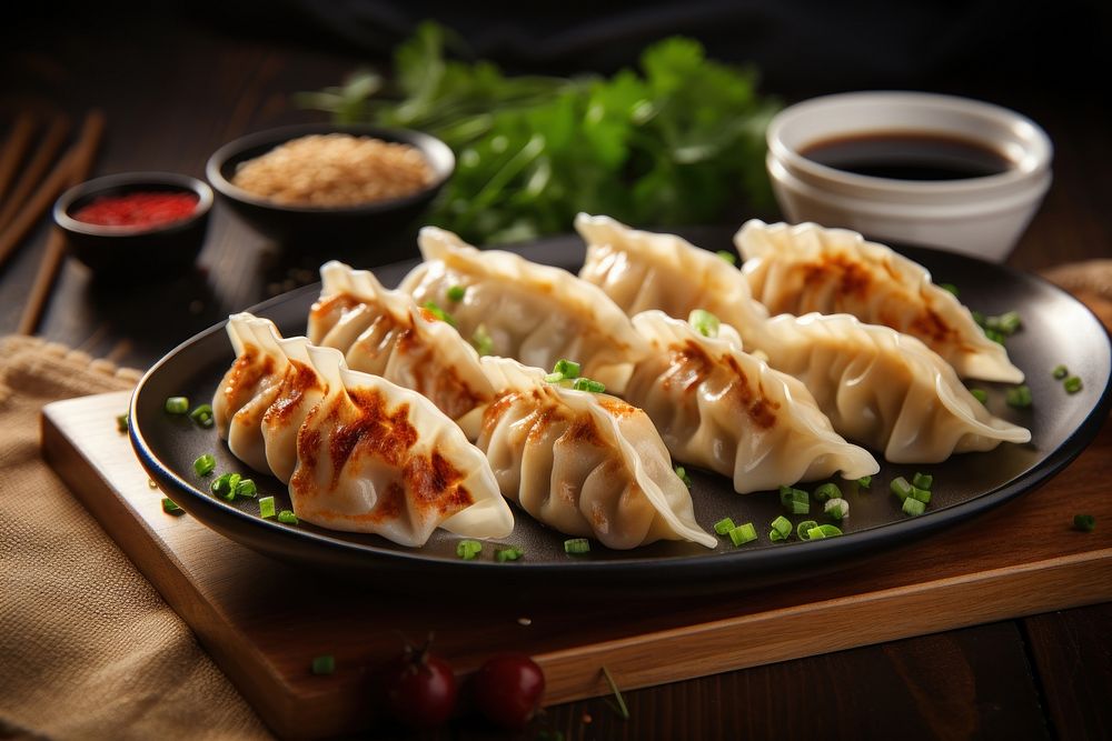 Dumpling plate table food. AI generated Image by rawpixel.