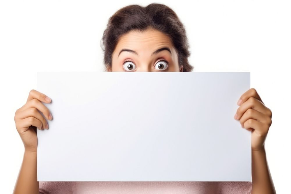 Women hiding behind a blank white board surprised adult photo. AI generated Image by rawpixel.