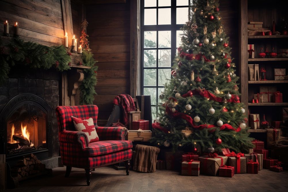 Christmas tree fireplace furniture. AI generated Image by rawpixel.