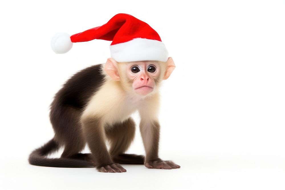 White-faced capuchin wearing santa hat mammal animal monkey. AI generated Image by rawpixel.