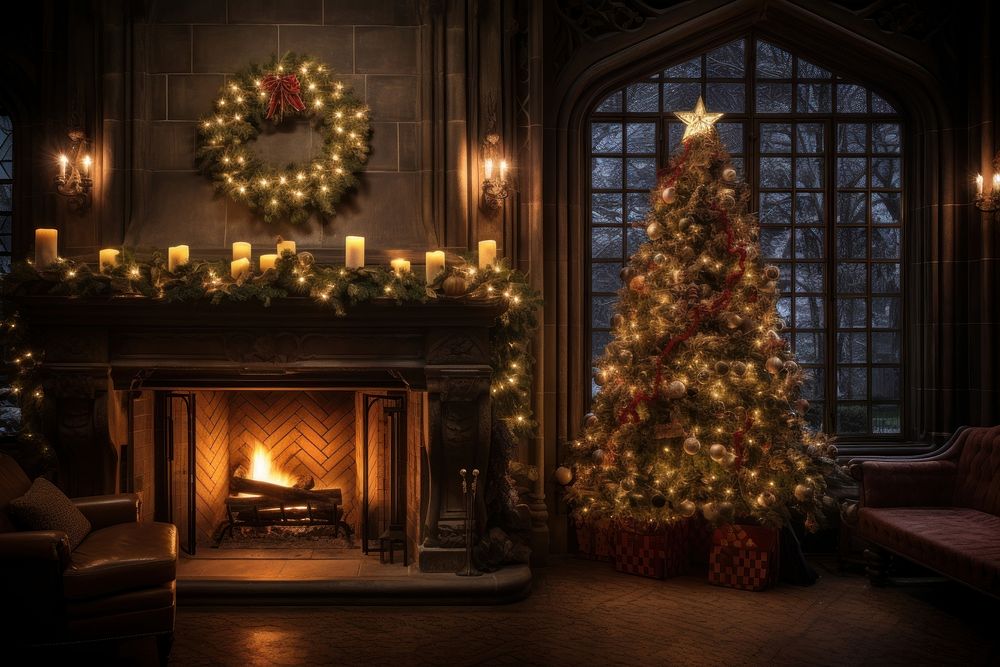 Fireplace christmas indoors hearth. AI generated Image by rawpixel.