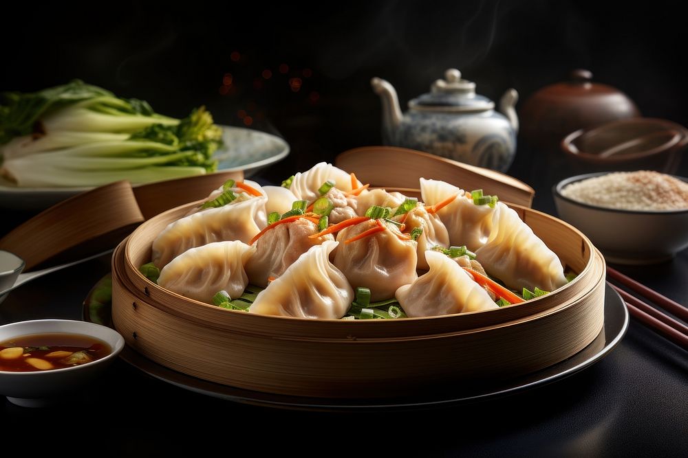 Chinese cuisine dumpling plate food. AI generated Image by rawpixel.