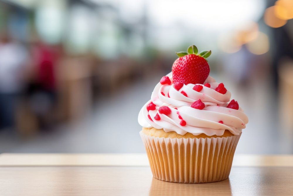 Strawberry cup cake dessert cupcake cream. AI generated Image by rawpixel.