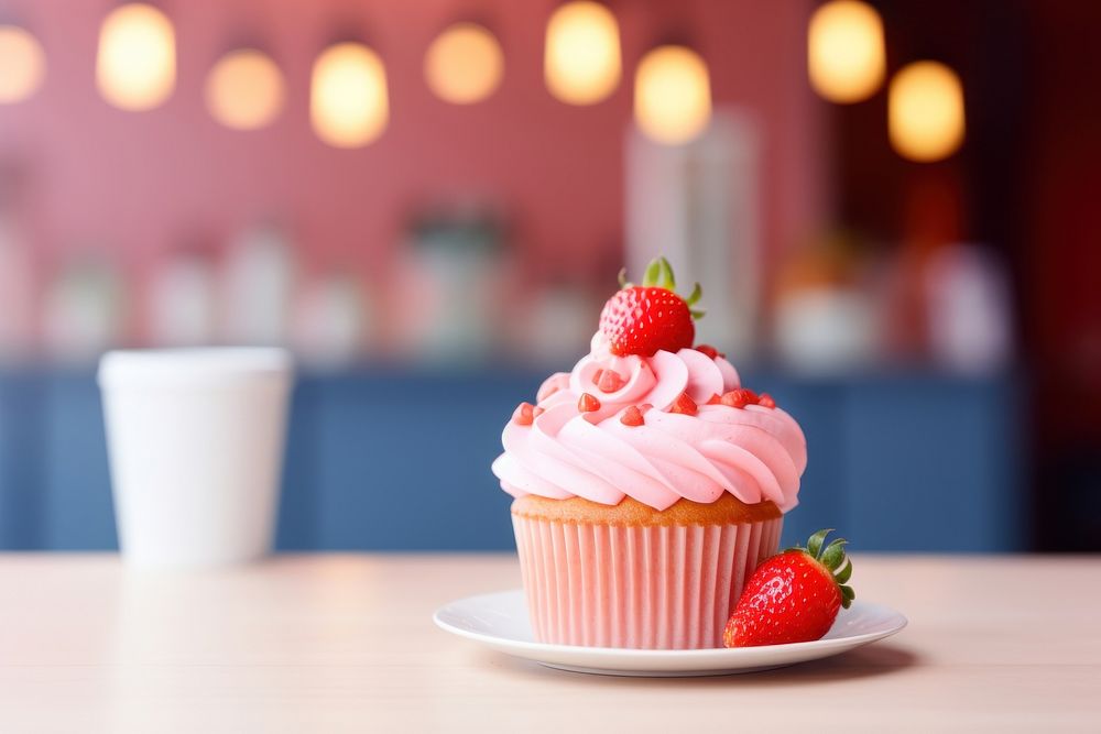 Strawberry cup cake cupcake dessert cream. AI generated Image by rawpixel.