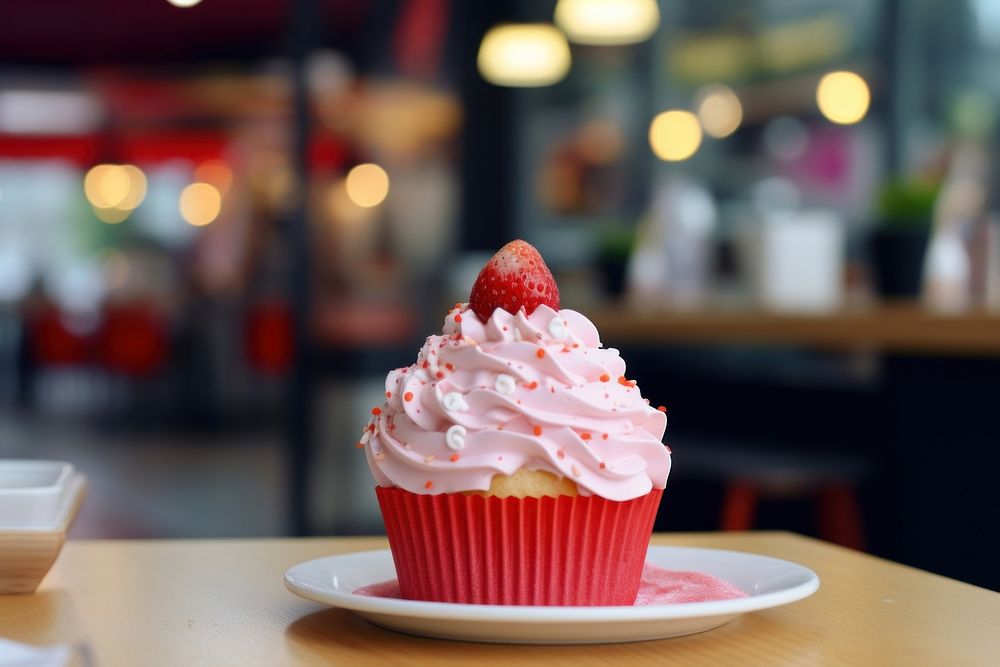 Strawberry cup cake cupcake dessert cream. AI generated Image by rawpixel.
