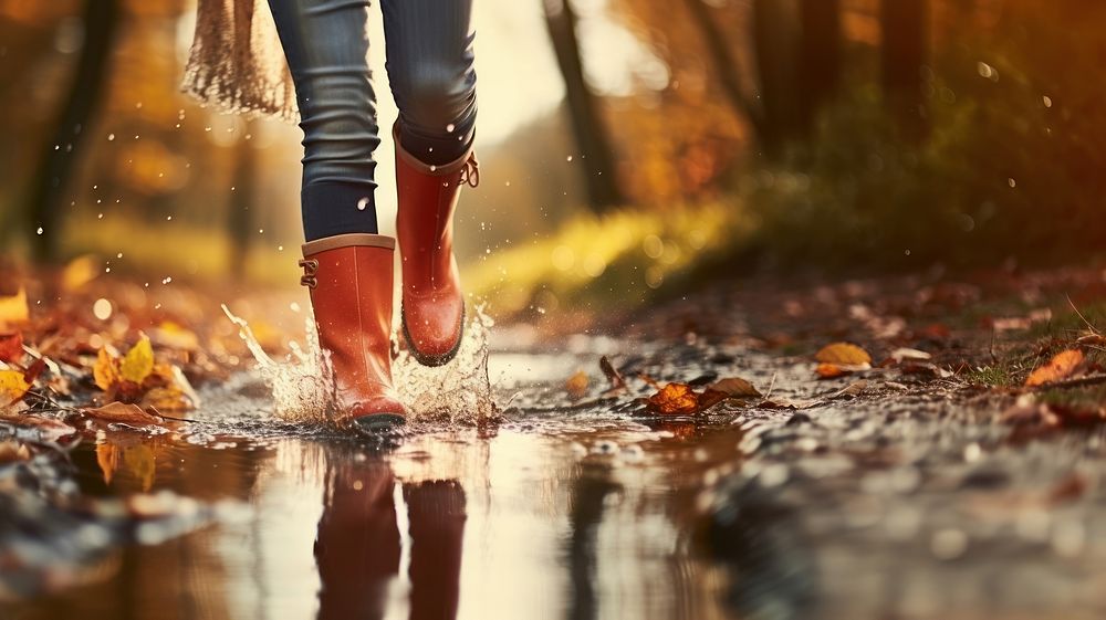 Woman legs wearing rain boots walking autumn puddle. AI generated Image by rawpixel.