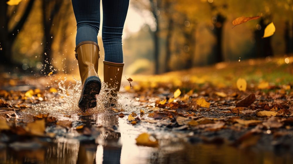 Woman legs wearing rain boots walking autumn puddle. AI generated Image by rawpixel.