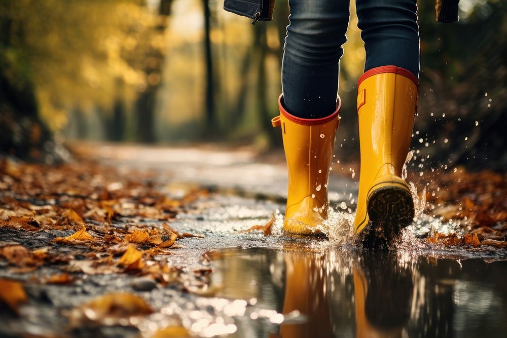 Woman legs wearing rain boots puddle autumn land. AI generated Image by rawpixel.