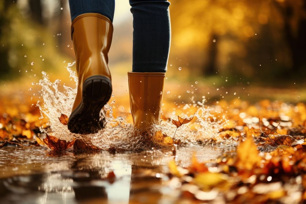 Woman legs wearing rain boots walking autumn puddle. 