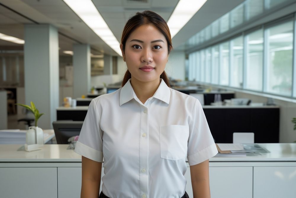 Chubby female thai maid standing blouse office. AI generated Image by rawpixel.