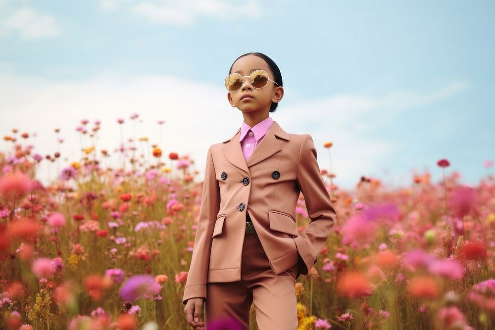 Indonesian 10 years old girl Model In Brown Suit On pink Background flower outdoors fashion. AI generated Image by rawpixel.