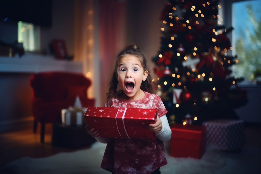 Girl holding christmas gift child face red. AI generated Image by rawpixel.
