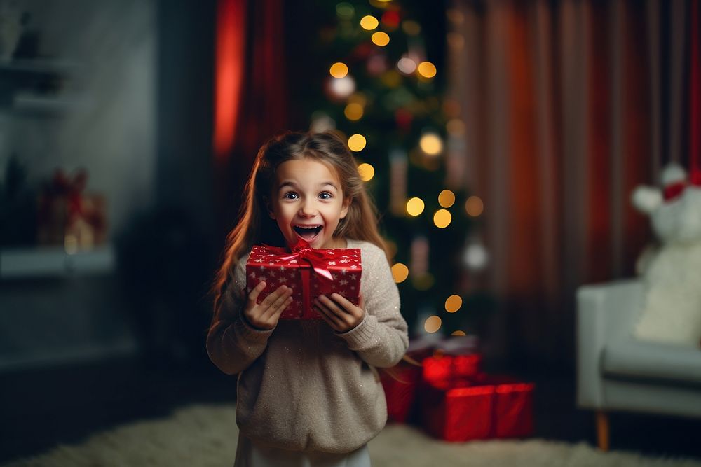Girl holding christmas gift child face red. AI generated Image by rawpixel.
