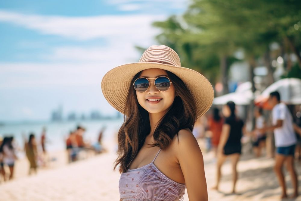 Thai woman standing vacation beach smile. AI generated Image by rawpixel.