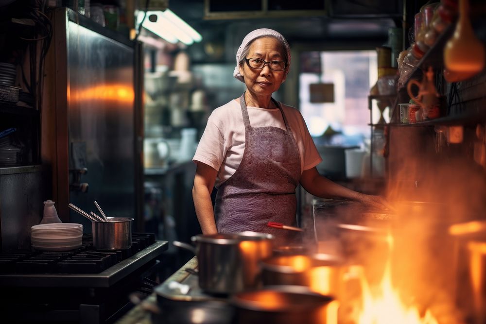 Old female thai chef standing glasses kitchen. AI generated Image by rawpixel.