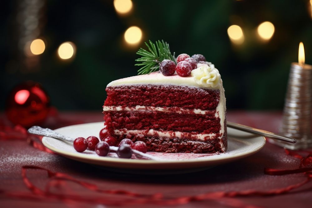 Red cake dessert christmas candle cream. AI generated Image by rawpixel.