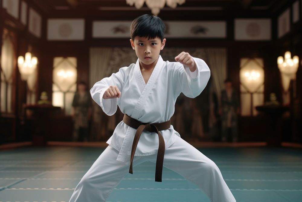 7 years old Malaysian boy practicing karate sports concentration determination. AI generated Image by rawpixel.