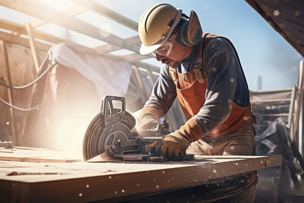 Construction site worker using cut grinder architecture woodworking protection. AI generated Image by rawpixel.