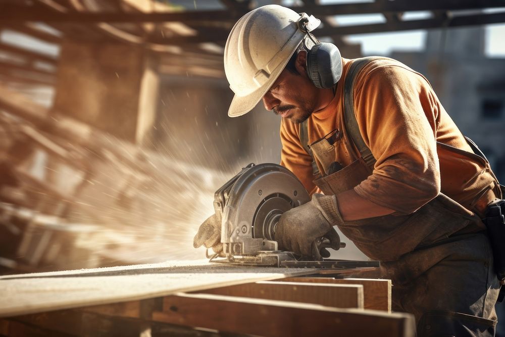 Construction site worker using cut grinder helmet adult manufacturing. AI generated Image by rawpixel.
