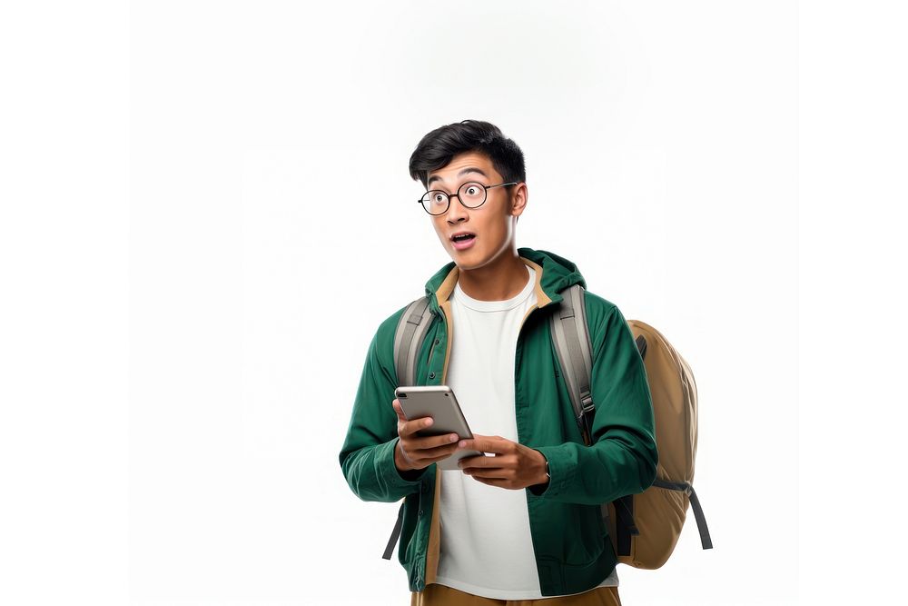 Surprised young Asian student glasses surprised backpack. AI generated Image by rawpixel.