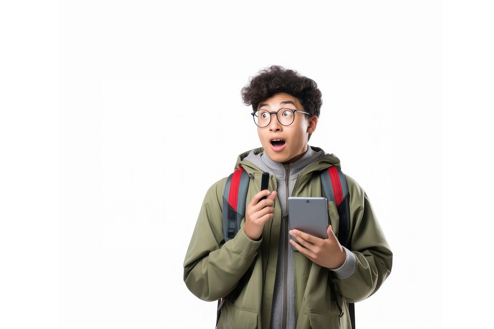 Surprised young Asian student glasses surprised backpack. AI generated Image by rawpixel.