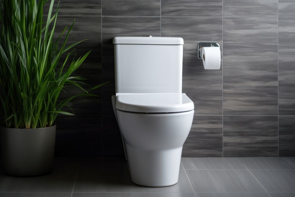 White ceramic flush toilet bathroom convenience flooring. AI generated Image by rawpixel.