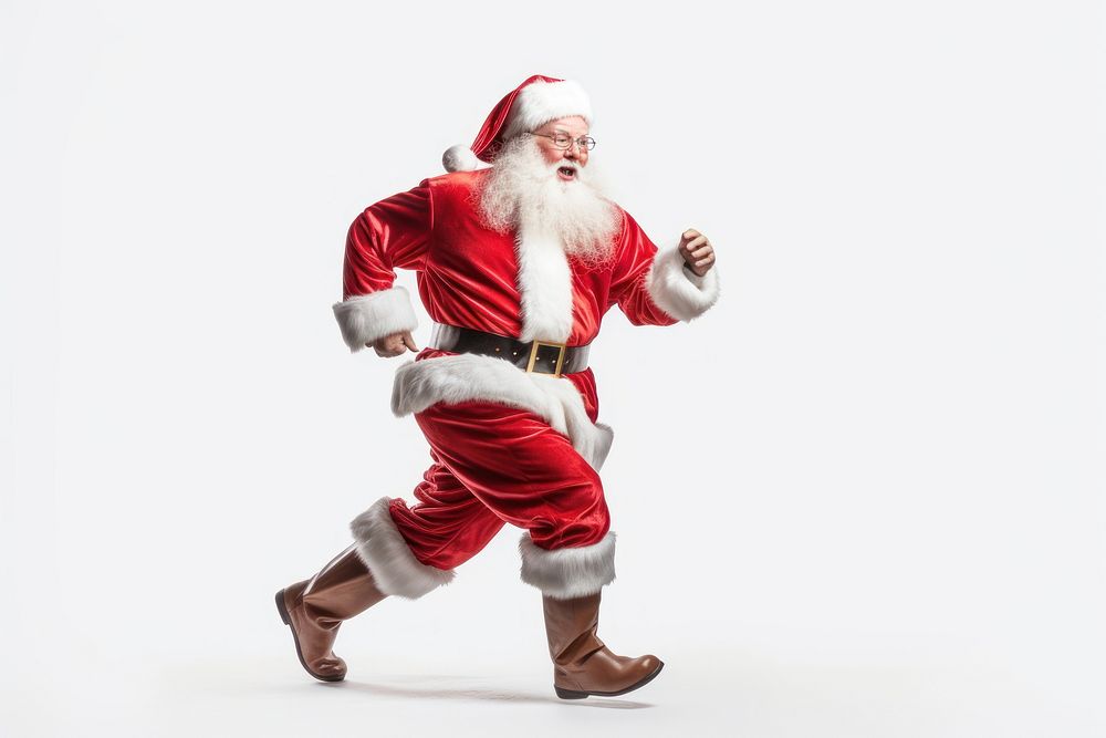 Running santa claus christmas adult white background. AI generated Image by rawpixel.