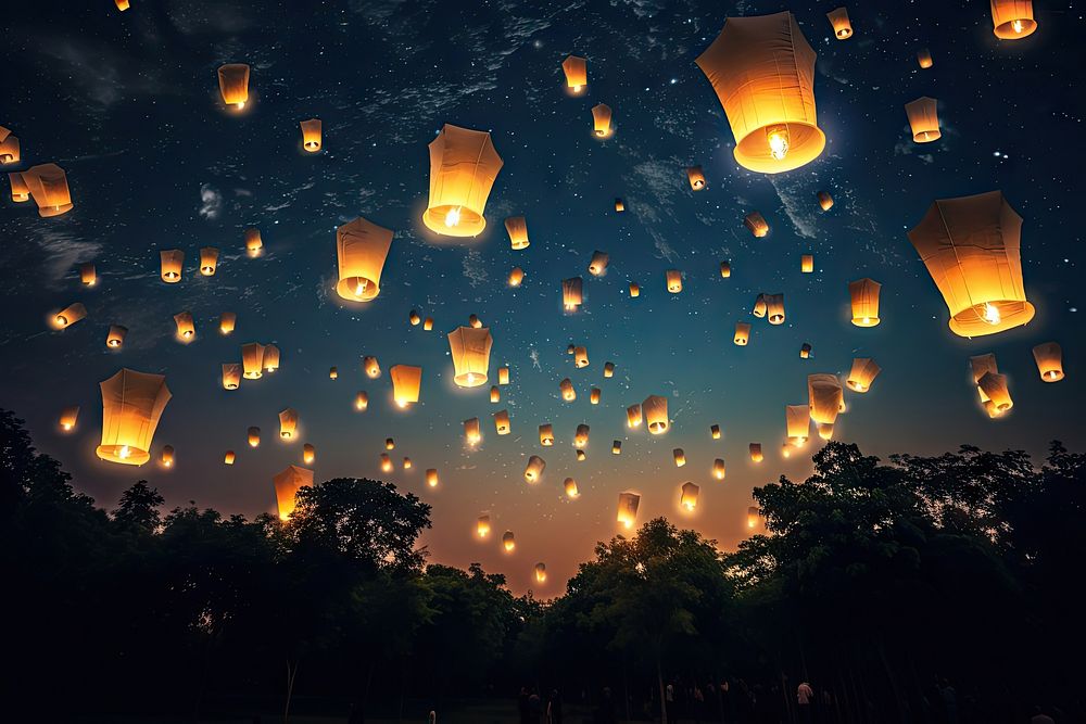 Beautiful sky lantern night lighting outdoors. AI generated Image by rawpixel.