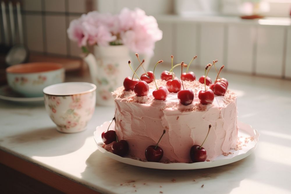 Pink cake dessert cream fruit. AI generated Image by rawpixel.