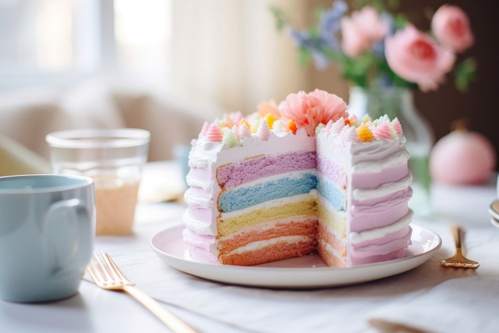 Rainbow Cake cake dessert plate. AI generated Image by rawpixel.