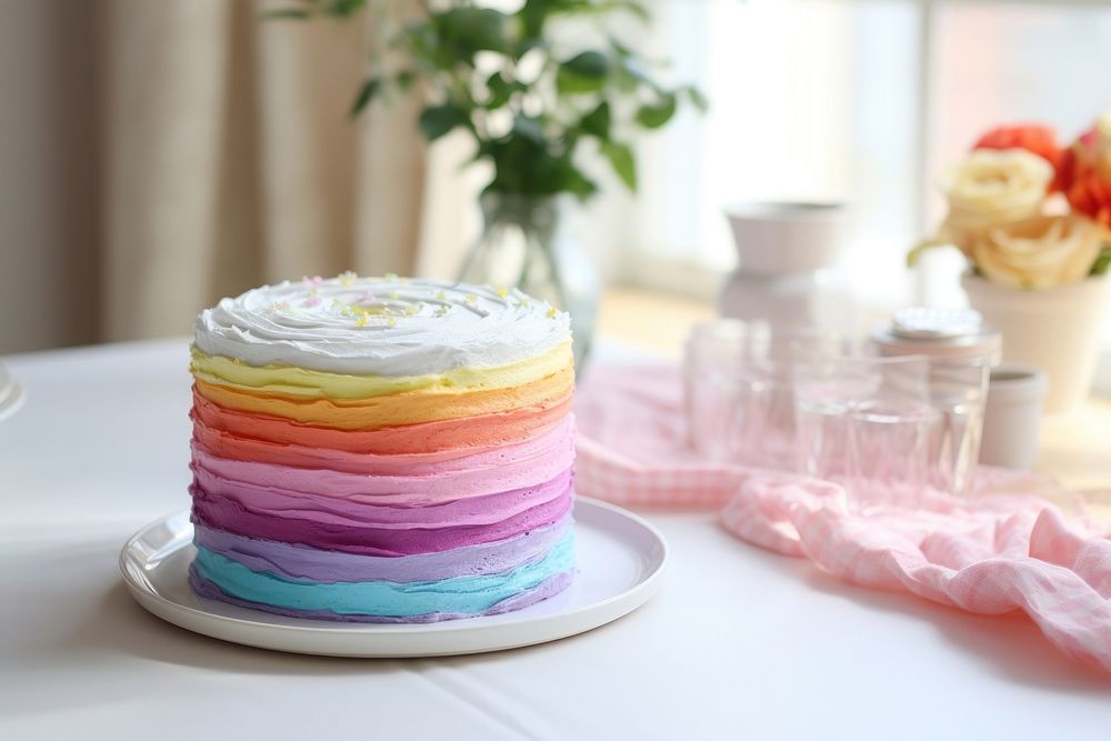 Rainbow Cake cake dessert icing. AI generated Image by rawpixel.