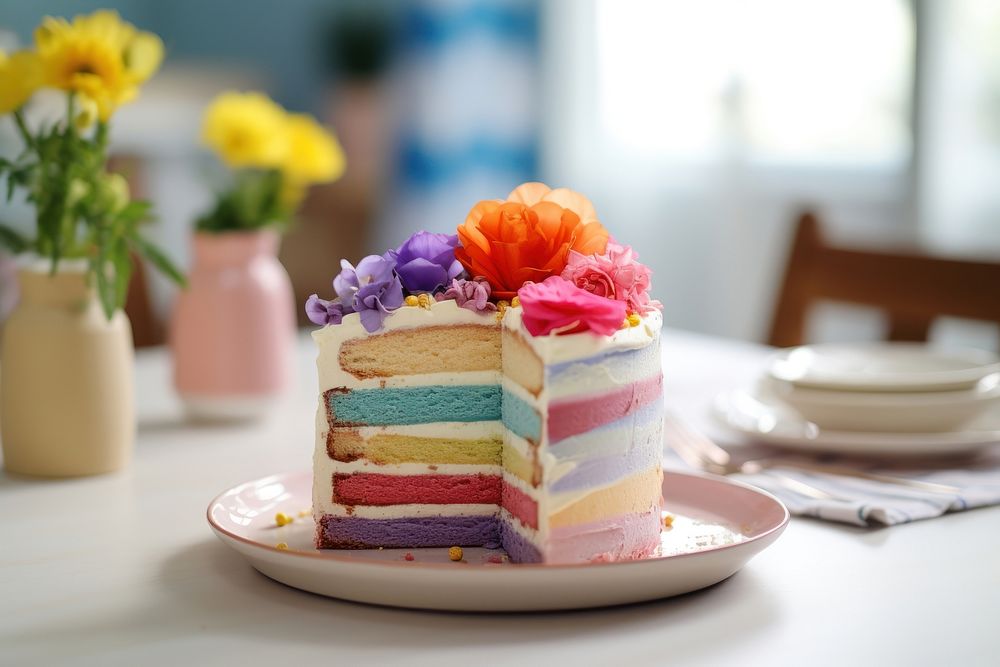 Rainbow Cake cake dessert plate. AI generated Image by rawpixel.