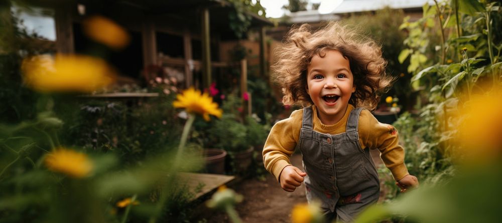 A little girl laughing outdoors garden. AI generated Image by rawpixel.