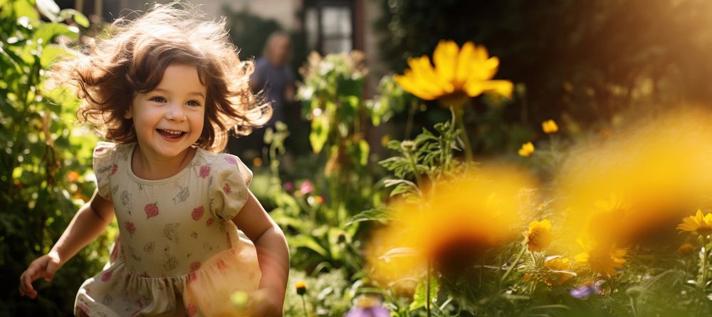 A little girl run portrait laughing outdoors. AI generated Image by rawpixel.