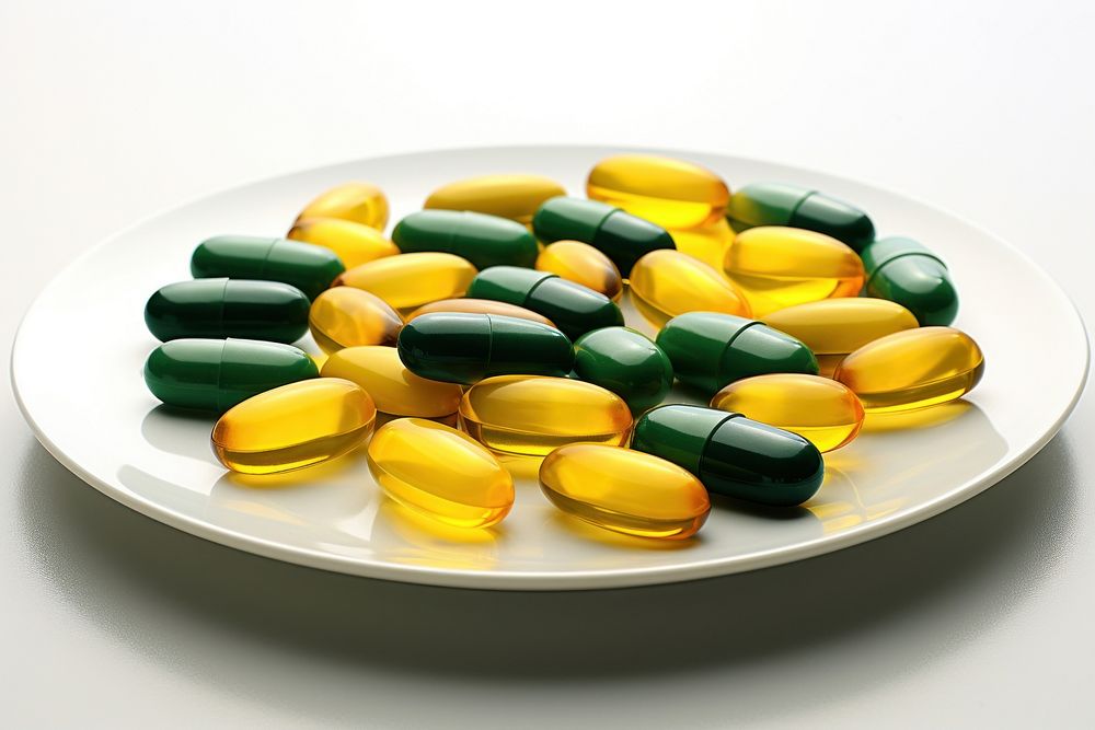 Medicine capsule yellow table. AI generated Image by rawpixel.