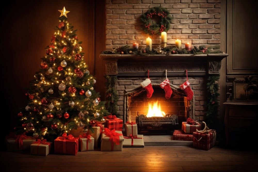 Fireplace christmas hearth tree. AI | Free Photo - rawpixel