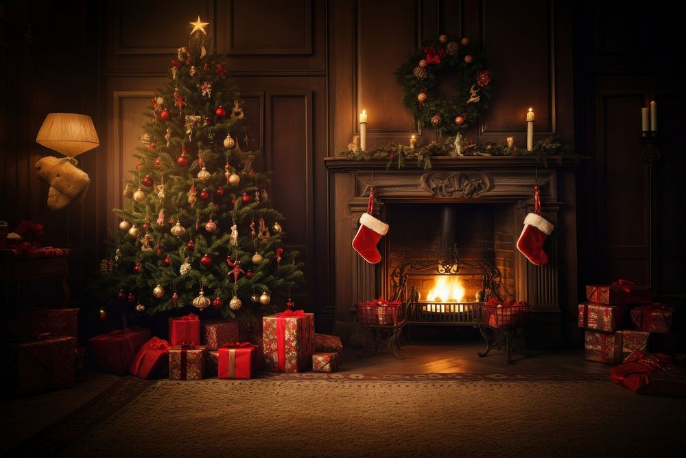 Fireplace christmas light tree