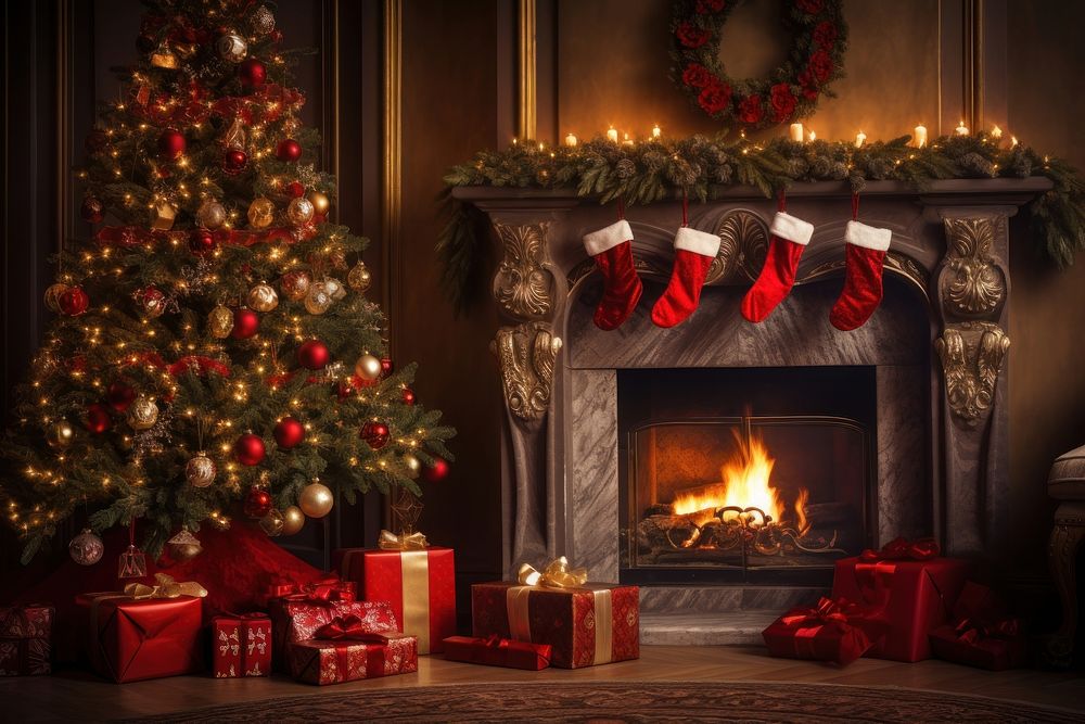 Fireplace christmas present hearth. AI generated Image by rawpixel.
