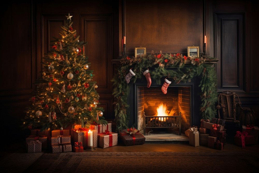 Fireplace christmas tree christmas tree. AI generated Image by rawpixel.