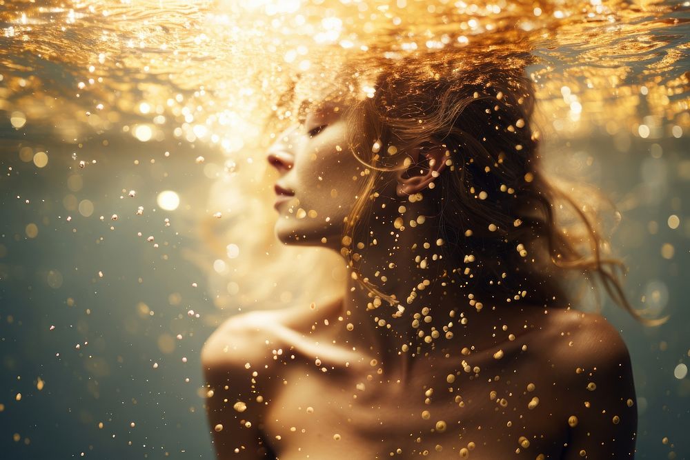 Gold glitter underwater portrait outdoors. AI generated Image by rawpixel.