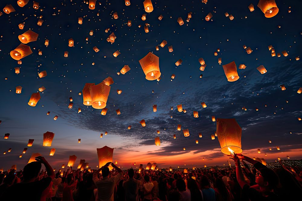 Beautiful sky lantern festival lighting night. AI generated Image by rawpixel.