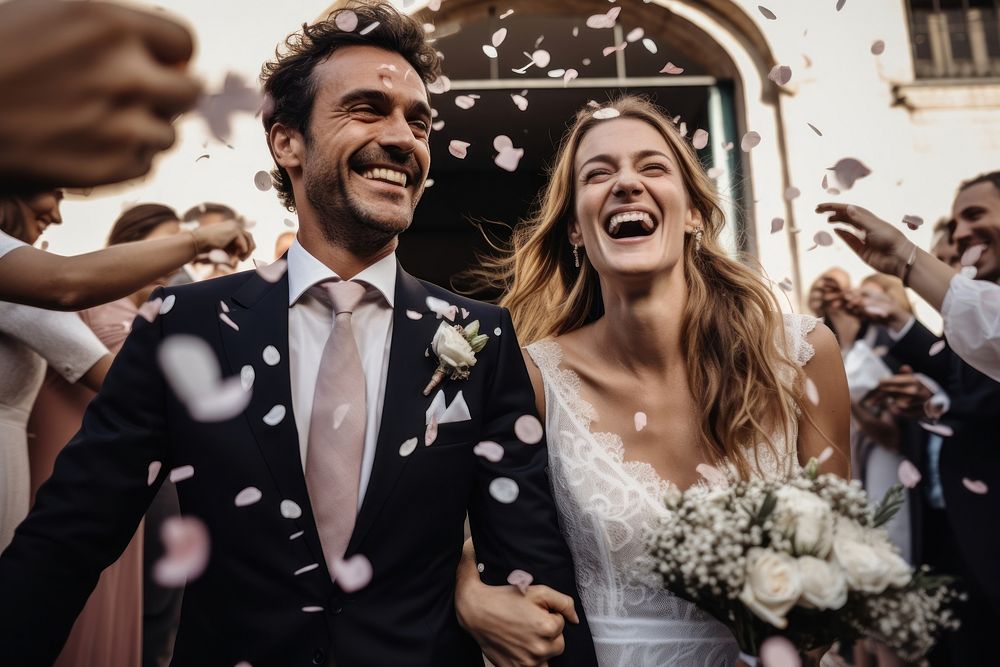 Bride confetti laughing wedding. AI generated Image by rawpixel.