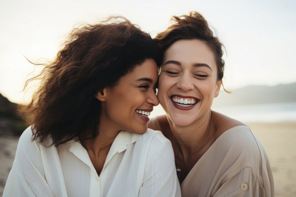 Diverse female couple laughing portrait smile. AI generated Image by rawpixel.