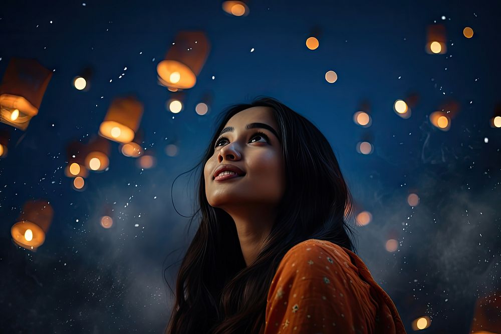 Sky lantern night portrait outdoors. AI generated Image by rawpixel.