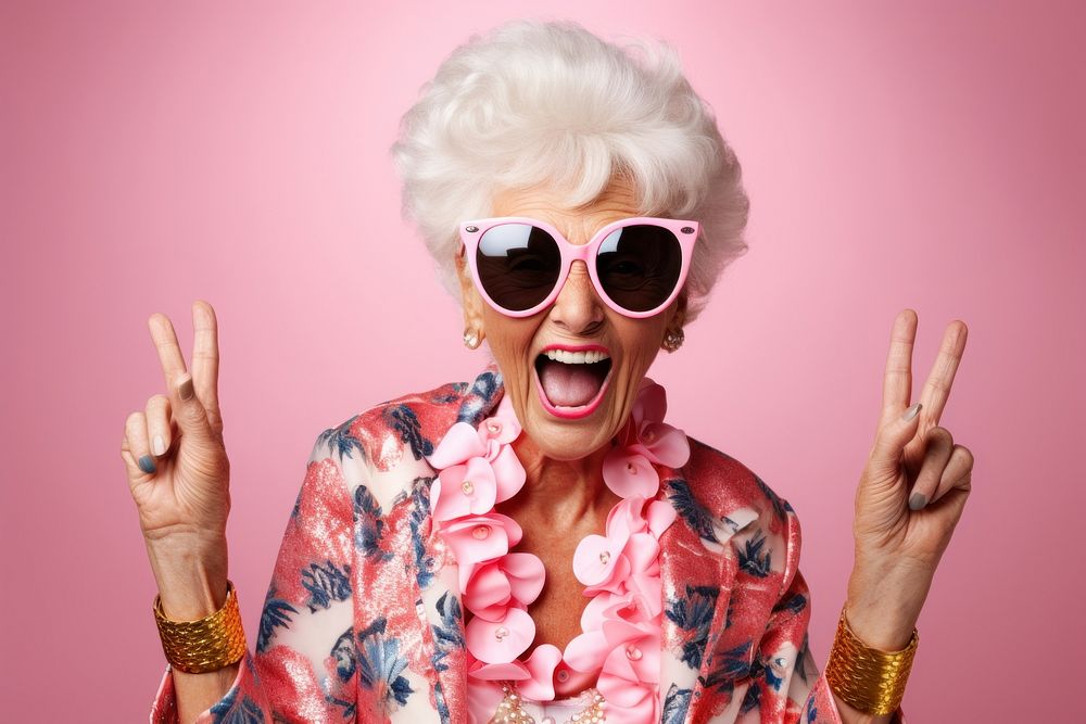 Senior woman wear sunglasses portrait laughing adult. AI generated Image by rawpixel.