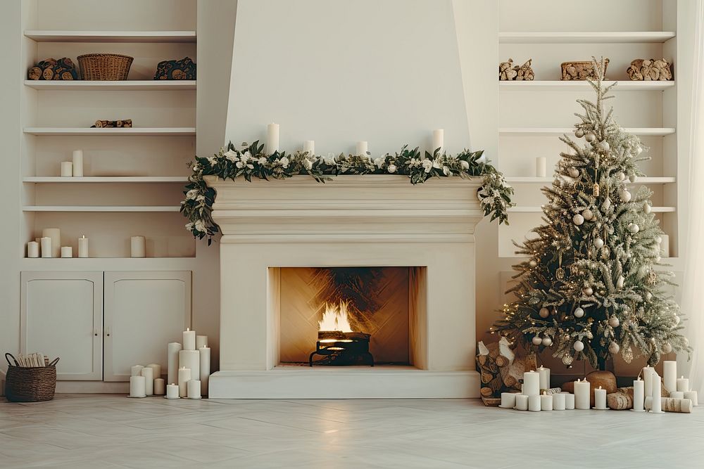 Christmas tree fireplace christmas hearth. AI generated Image by rawpixel.